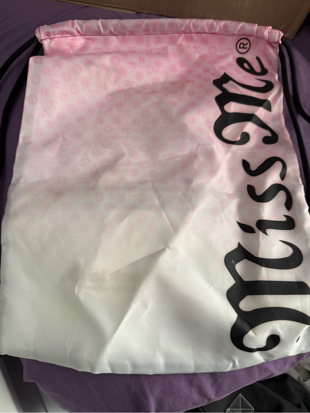 Miss Me Pink and White Drawstring Backpack with Bold Logo